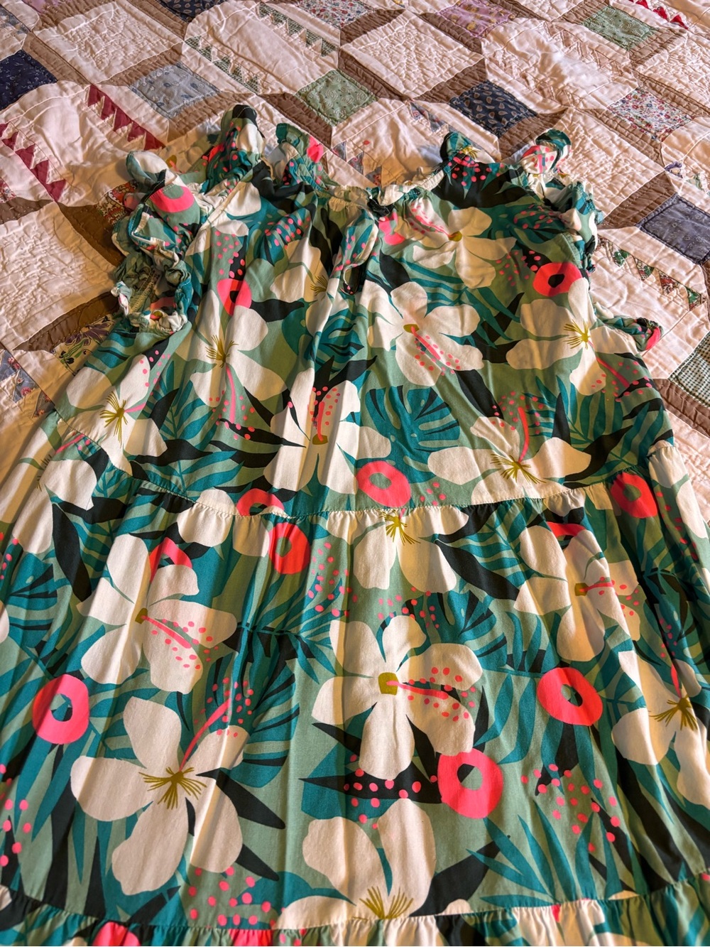 THML Teal Floral Tiered Midi Dress with Coral Accents - Picture 3 of 4